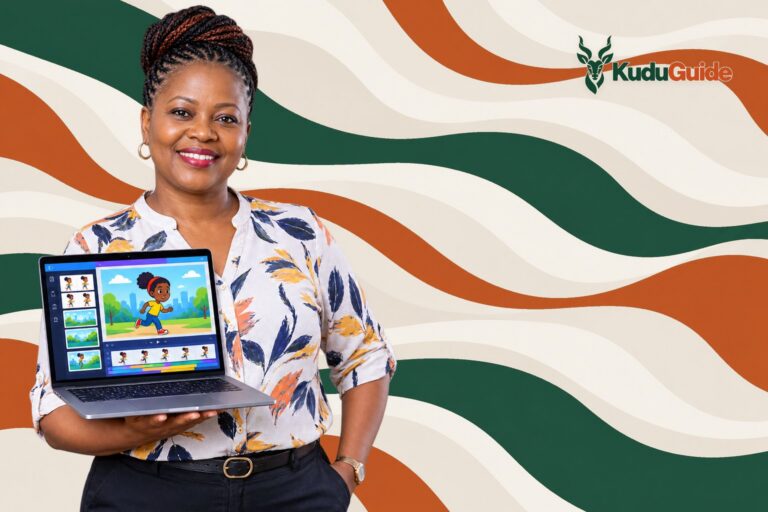 A woman holding a laptop - cover of the KuduGuide guide to 2D Animation with Canva (ADMI)