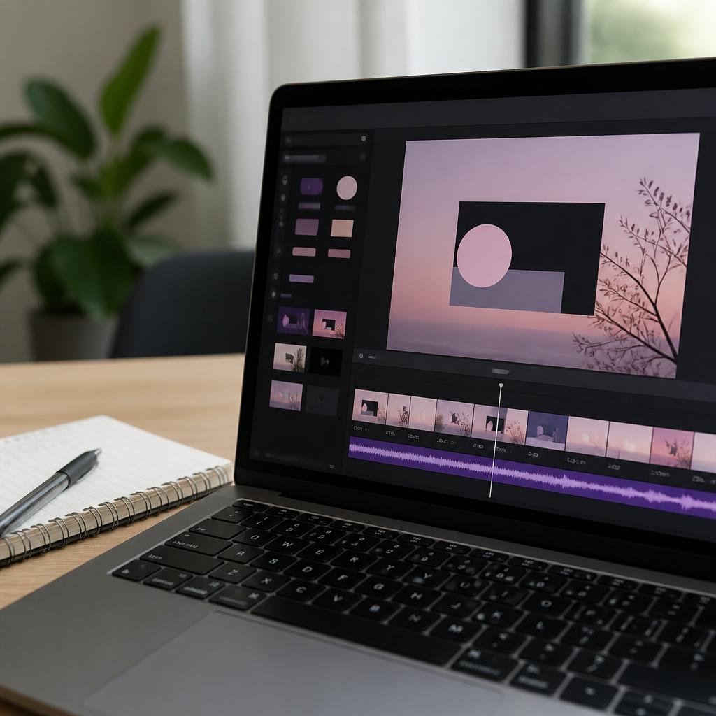 Close-up of a laptop screen showing animated text and graphics being edited in Canva, with a notepad and pen nearby.