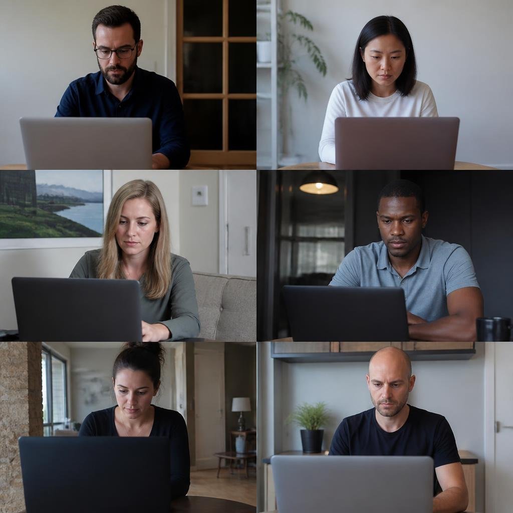 A group of adults in a virtual meeting, each working on their own laptops, with animated graphics visible on some screens.
