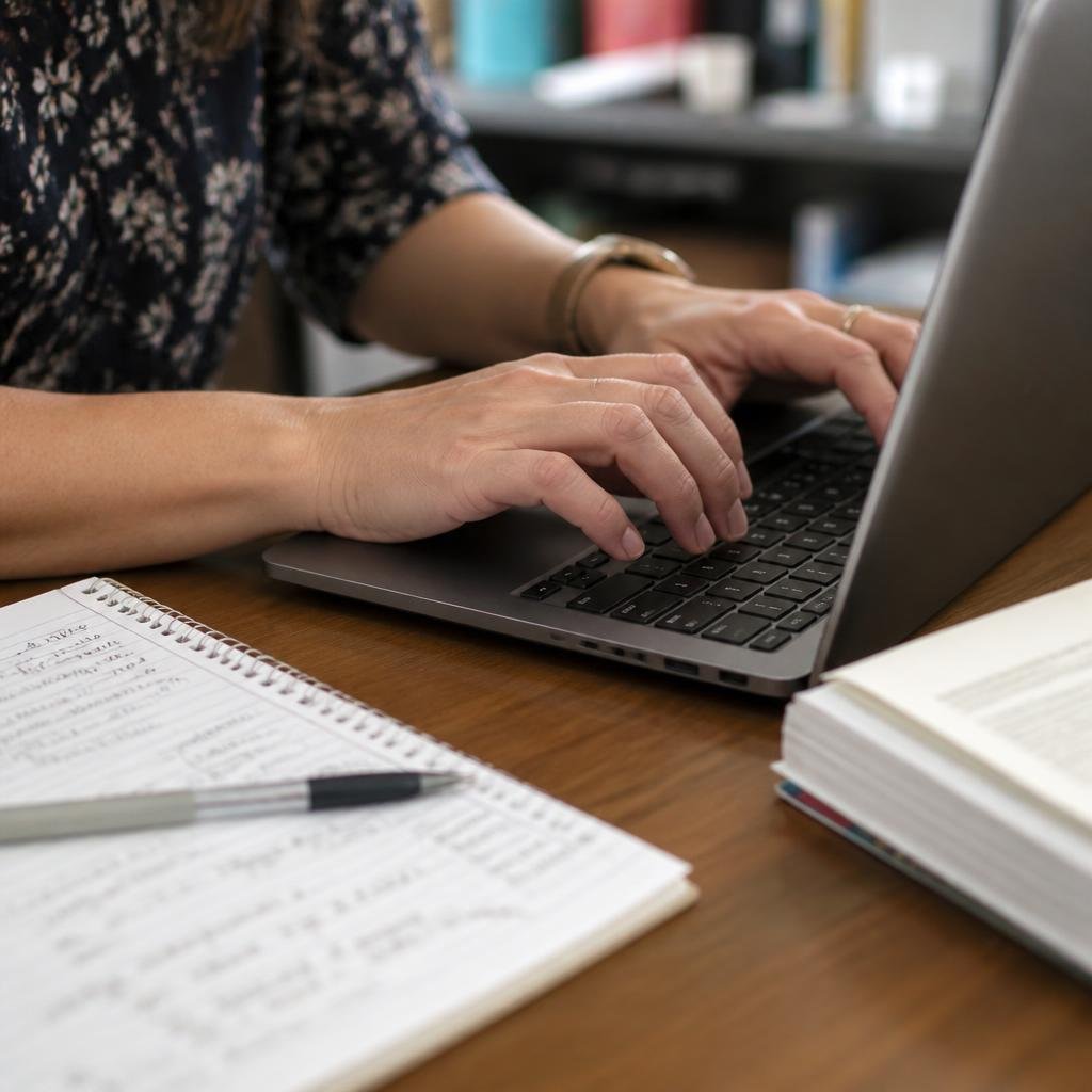 Close-up of a teacher’s hands typing a prompt into an AI chatbot on a laptop, with handwritten lesson notes nearby.