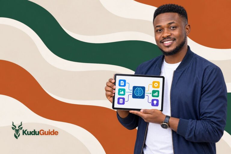 A man holding a tablet computer displaying a simple AI workflow diagram - cover of the KuduGuide guide to AI Fluency: Framework & Foundations