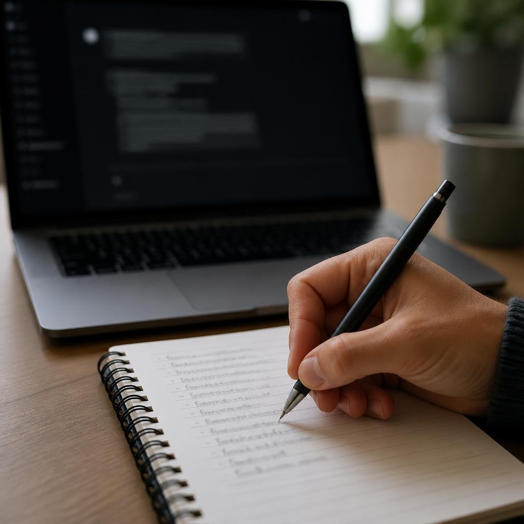 Close-up of a hand writing prompt instructions on a notepad, with a laptop open to an AI chatbot interface in the background.