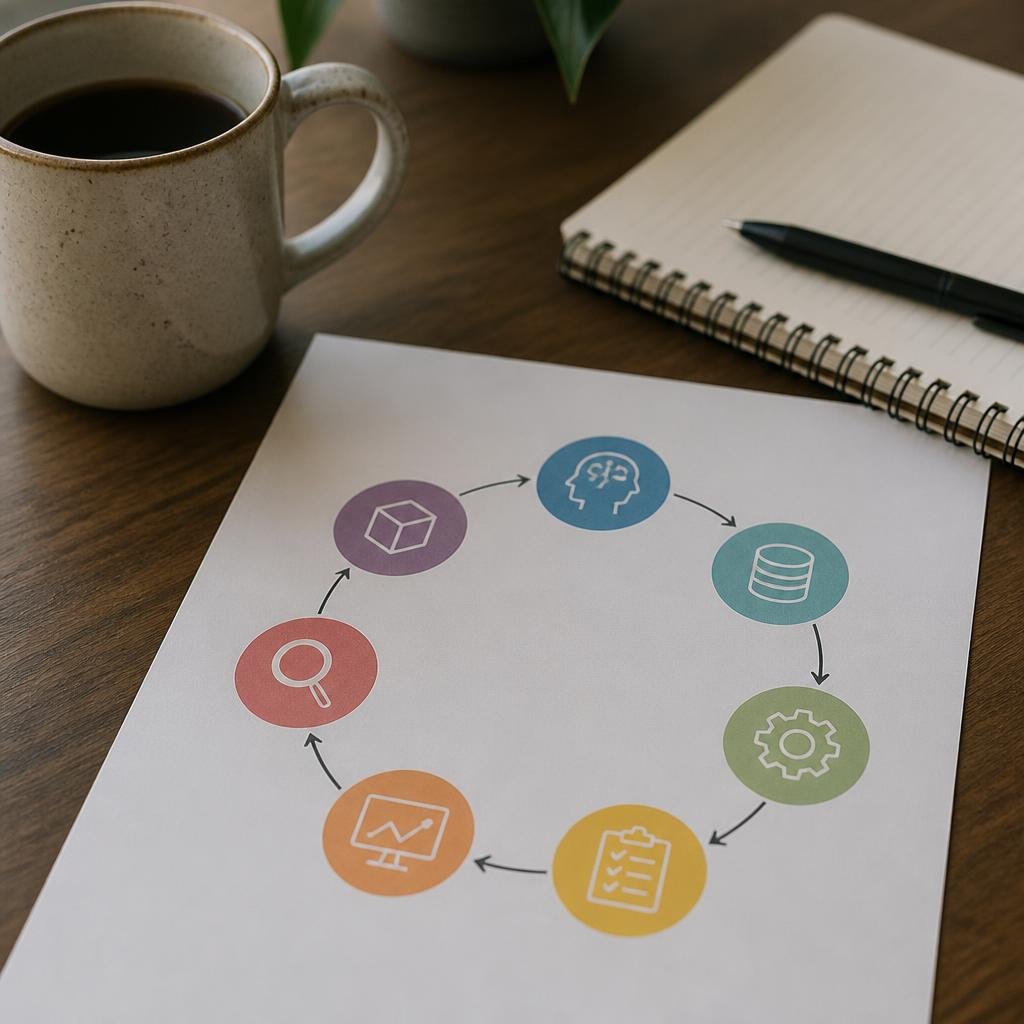 Close-up of a printed diagram showing the AI development lifecycle, with a coffee mug and notebook beside it on a desk.