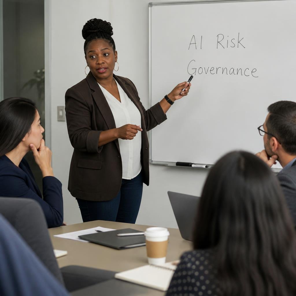 A Black woman in her 40s leading a team meeting, pointing to a whiteboard with “AI Risk” and “Governance” written on it.