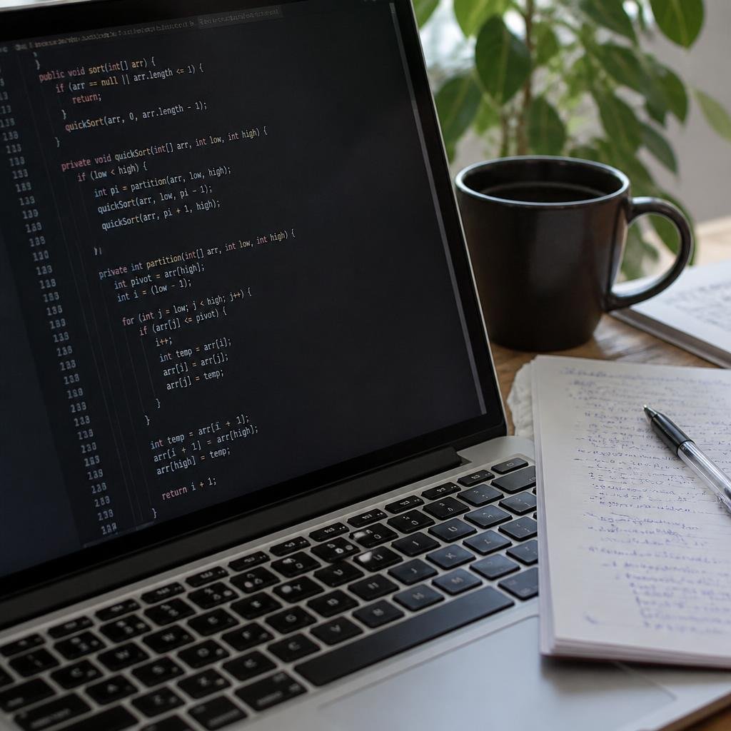 Close-up of a laptop screen displaying Java code for a sorting algorithm, with handwritten notes and a cup of coffee nearby.