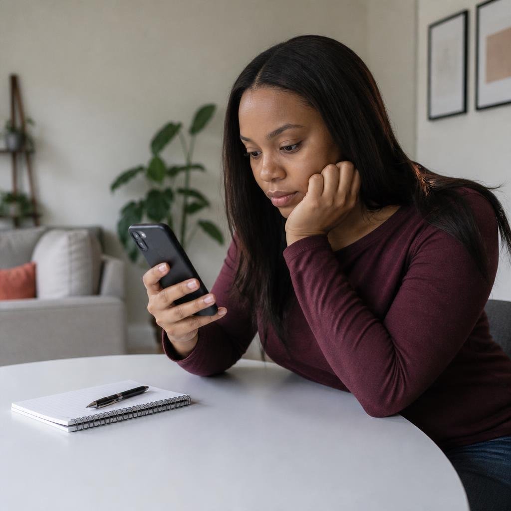 A Black woman in her late 20s using a smartphone to watch a programming lecture, with a notepad and pen beside her.