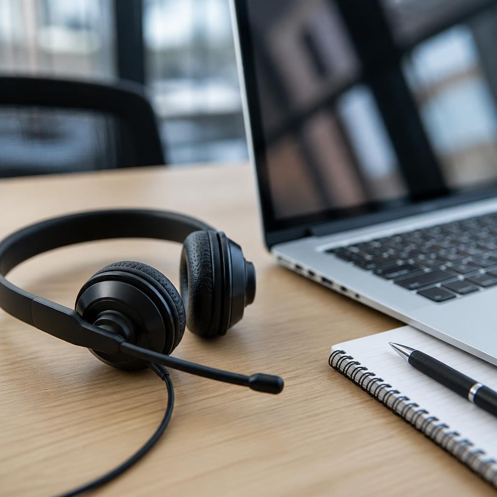 Close-up of a headset and a laptop with a notepad beside it, on a desk in a modern office.
