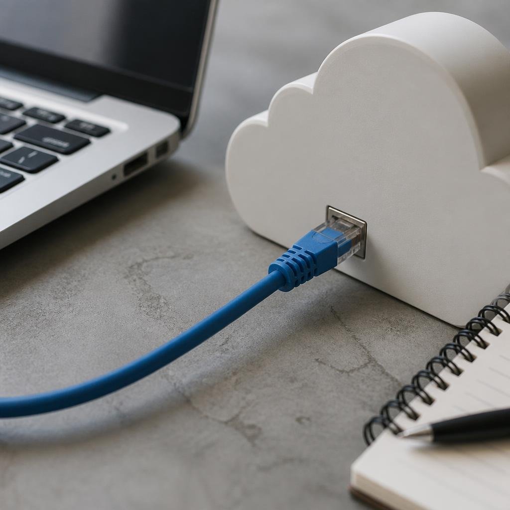 Close-up of an Ethernet cable plugged into a cloud-shaped network device, with a laptop and notepad nearby.