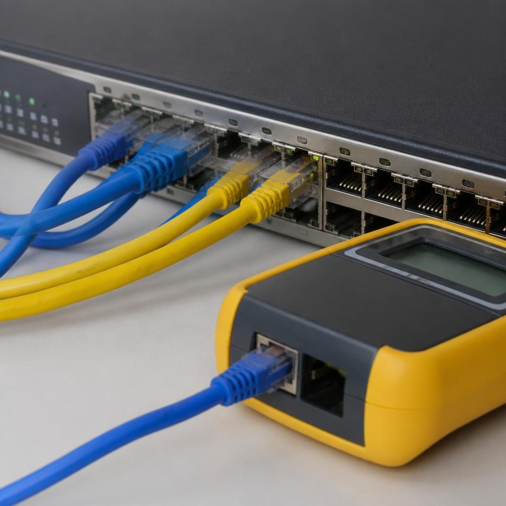 Close-up of a network switch, Ethernet cables plugged in, and a cable tester lying nearby.