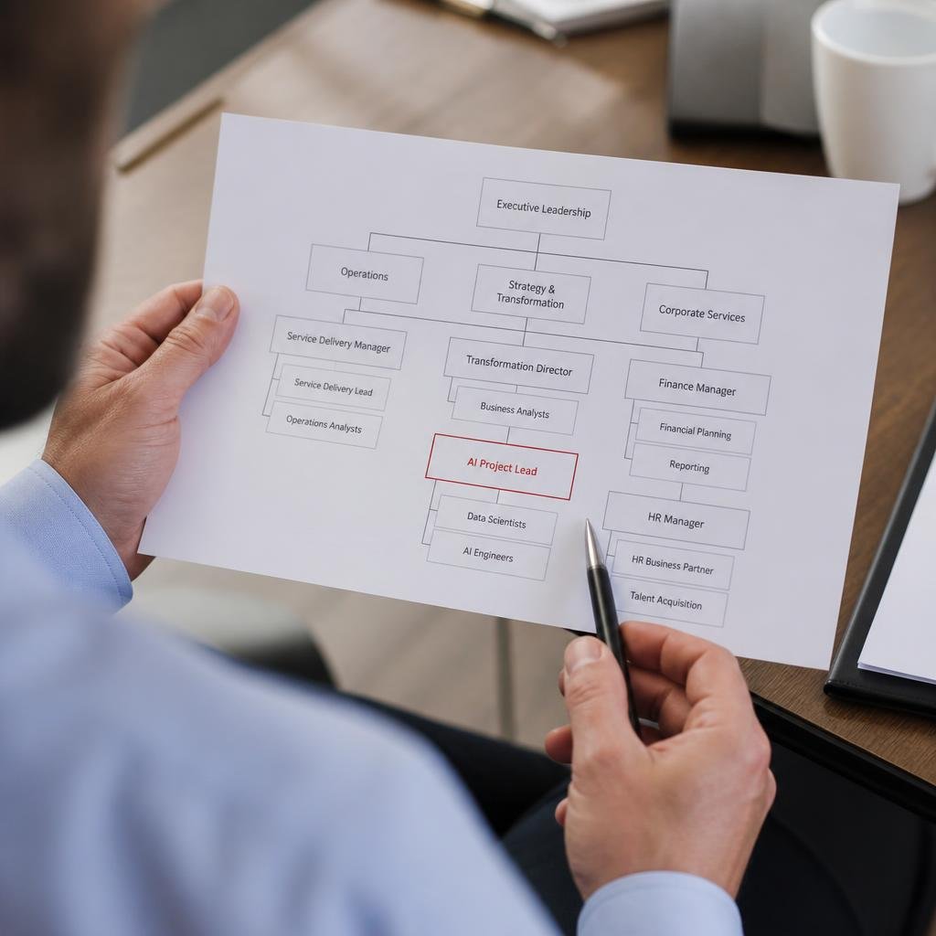 Close-up of a business manager’s hands holding a printed organisational chart with “AI Project Lead” highlighted in red.