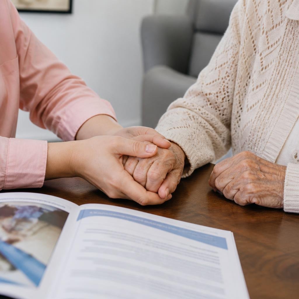 Close-up of a caregiver’s hands gently holding the hands of an elderly person, both seated at a small table with a dementia care guidebook.