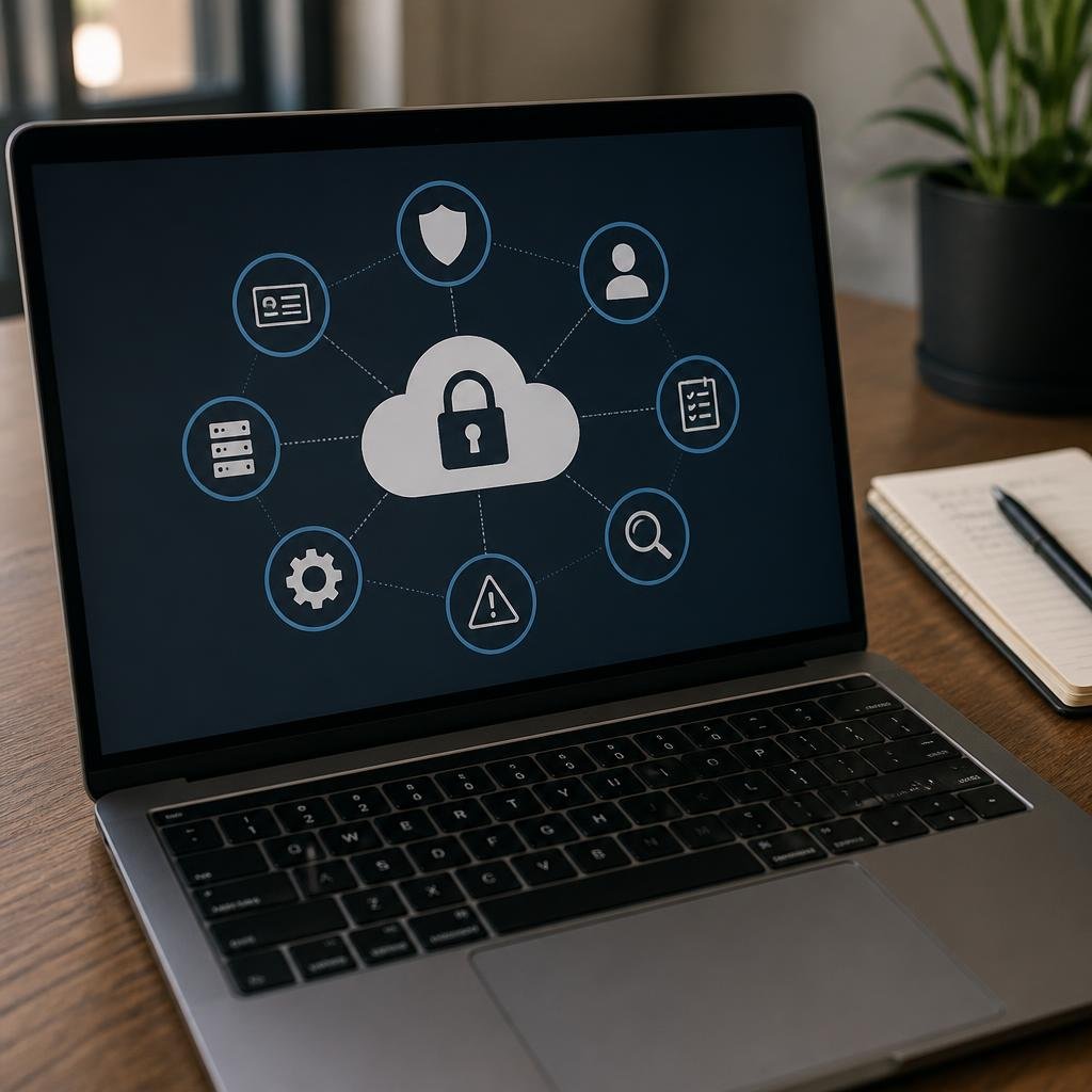 Close-up of a laptop screen showing a cloud security diagram, with a notebook and pen beside it.