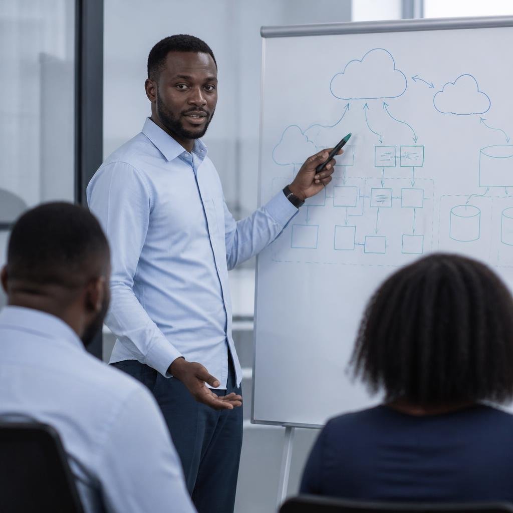 A Nigerian IT analyst in an office, pointing at a whiteboard diagram of cloud architecture.