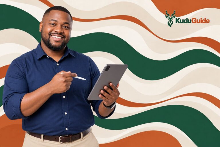 A man holding a tablet - cover of the KuduGuide guide to ChatGPT Foundations for Teachers