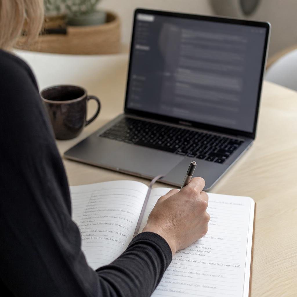 Close-up of a teacher’s hand writing lesson ideas in a notebook, with a laptop open to a ChatGPT chat window.