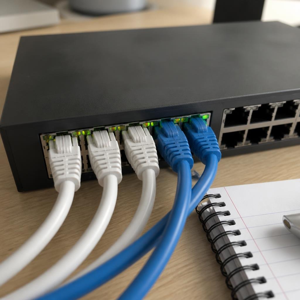 Close-up of a network switch and several ethernet cables plugged in, on a desk with a notepad and pen.