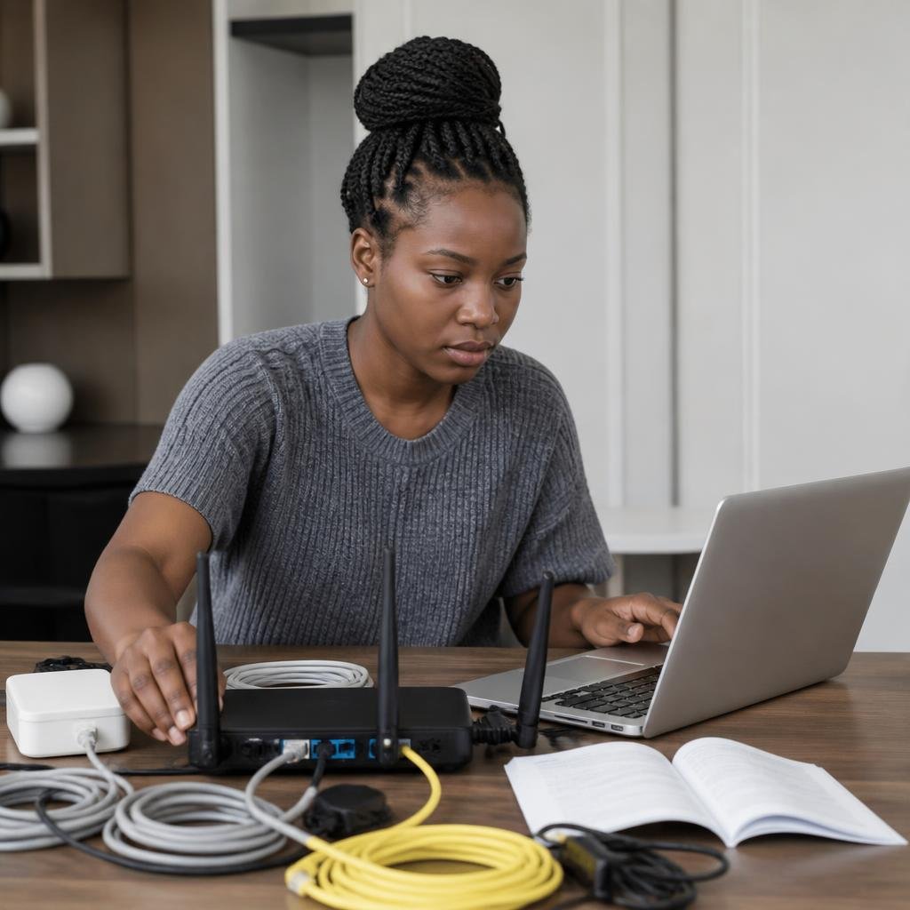 An African woman in her late 20s configuring a router with a laptop, surrounded by network cables and a manual.