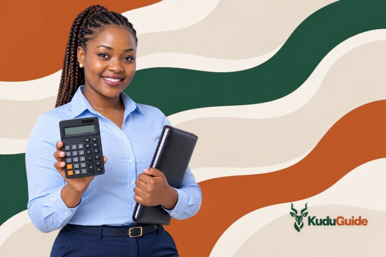 A woman holding a calculator and a negotiation folder - cover of the KuduGuide guide to Community Awareness: Negotiating for Financial Success