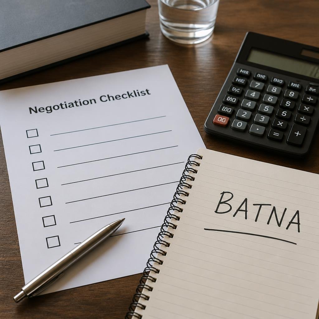 Close-up of a negotiation checklist, calculator, and a notepad with “BATNA” written on it, on a desk.