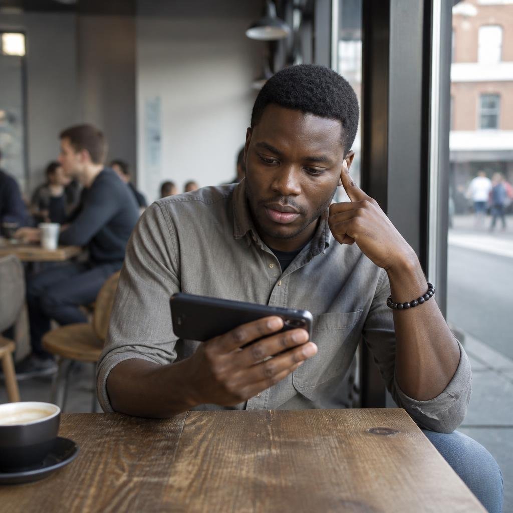 A young Black man in a casual shirt watching a negotiation video lesson on his phone at a coffee shop.