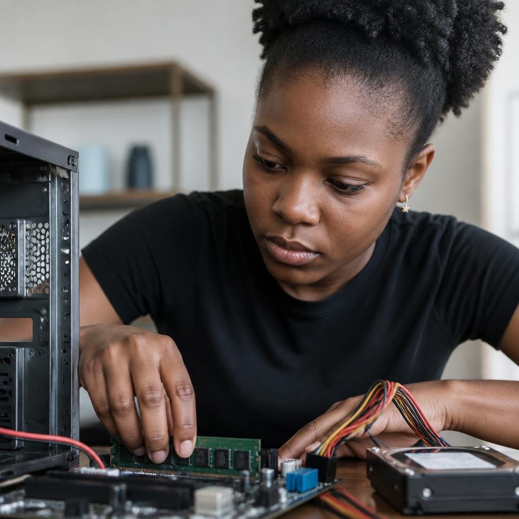 Close-up of a Black woman in her 20s assembling a computer on a desk, with RAM, hard drive, and cables visible.