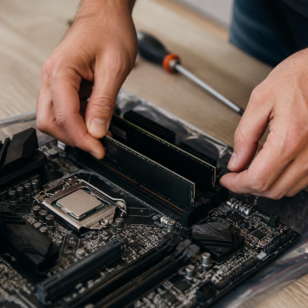Close-up of a computer motherboard and RAM modules on a desk, with a screwdriver and a pair of hands working.