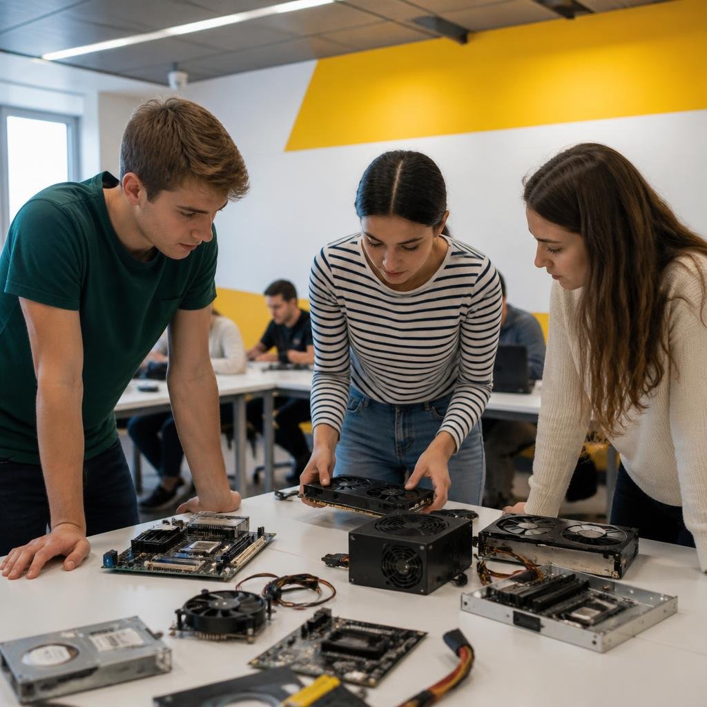 A group of young adults in a modern classroom, discussing computer hardware components spread out on a table.