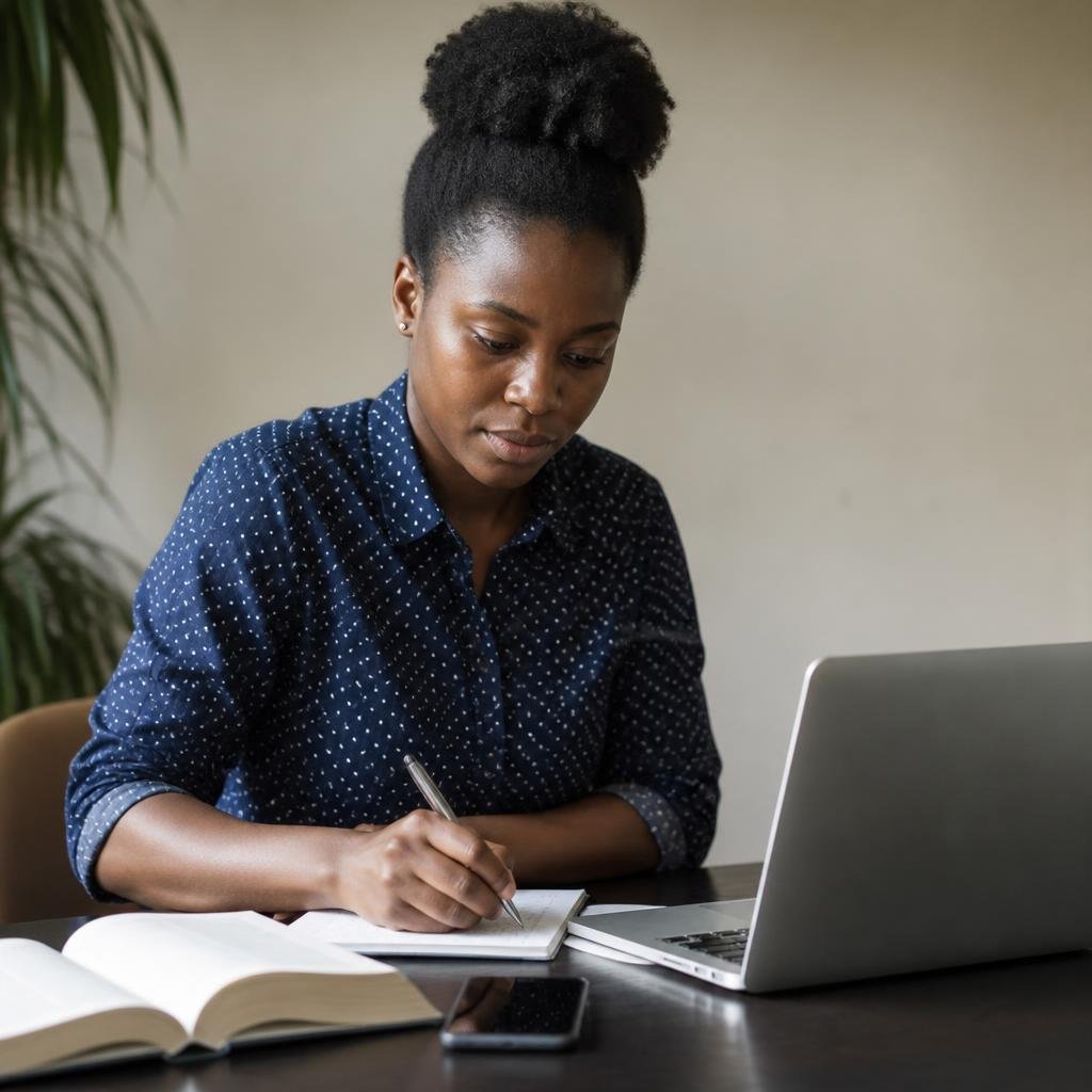 An African woman in her late 20s using a laptop and taking notes with a pen, with a smartphone and a textbook nearby.