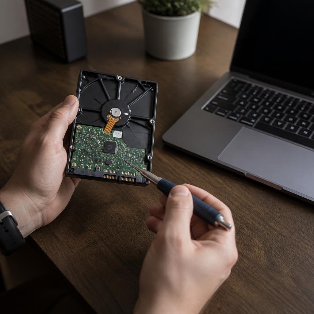 Close-up of a pair of hands holding a hard drive and a screwdriver, with a laptop open on a desk.