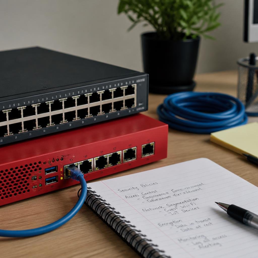 Close-up of a network switch, a firewall device, and a notepad with handwritten security policies, on a desk.