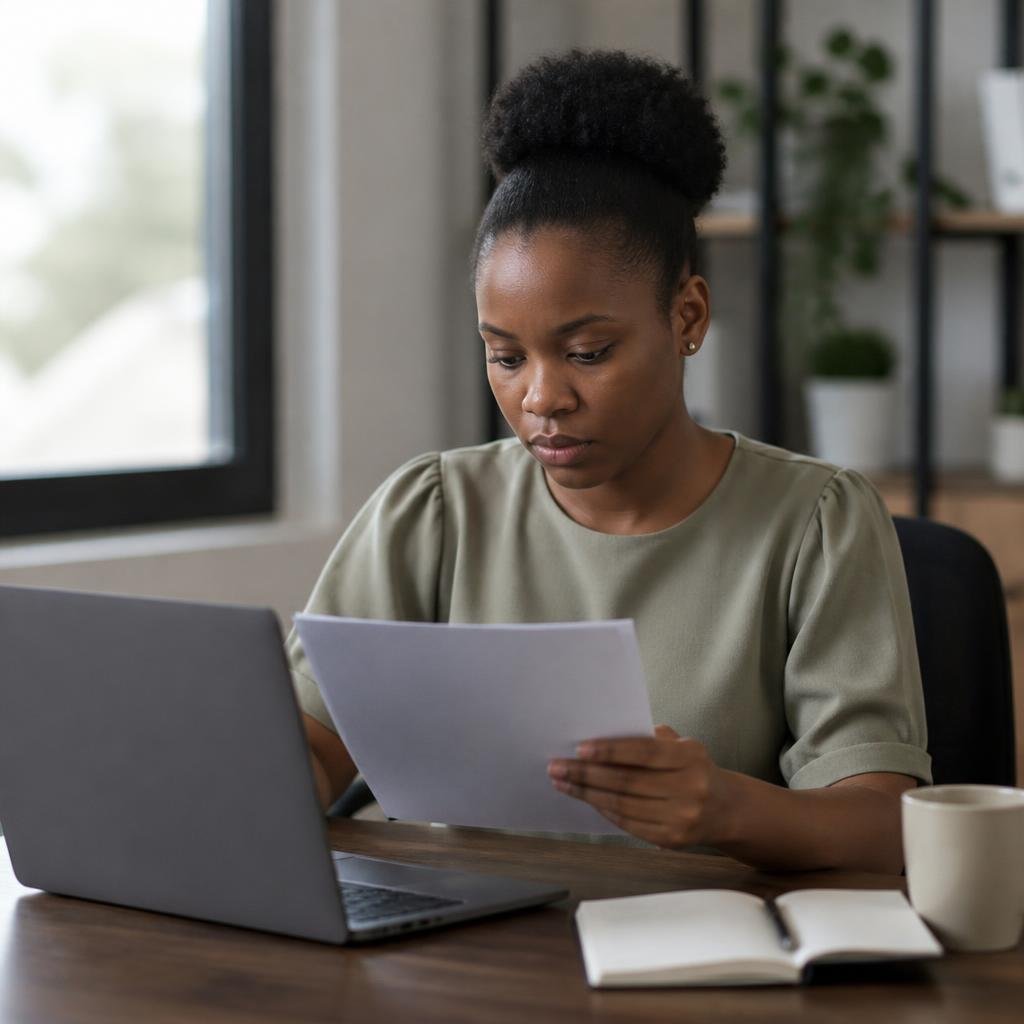An African woman in her late 20s, sitting at a desk with a laptop, reviewing a printed cybersecurity incident response checklist.