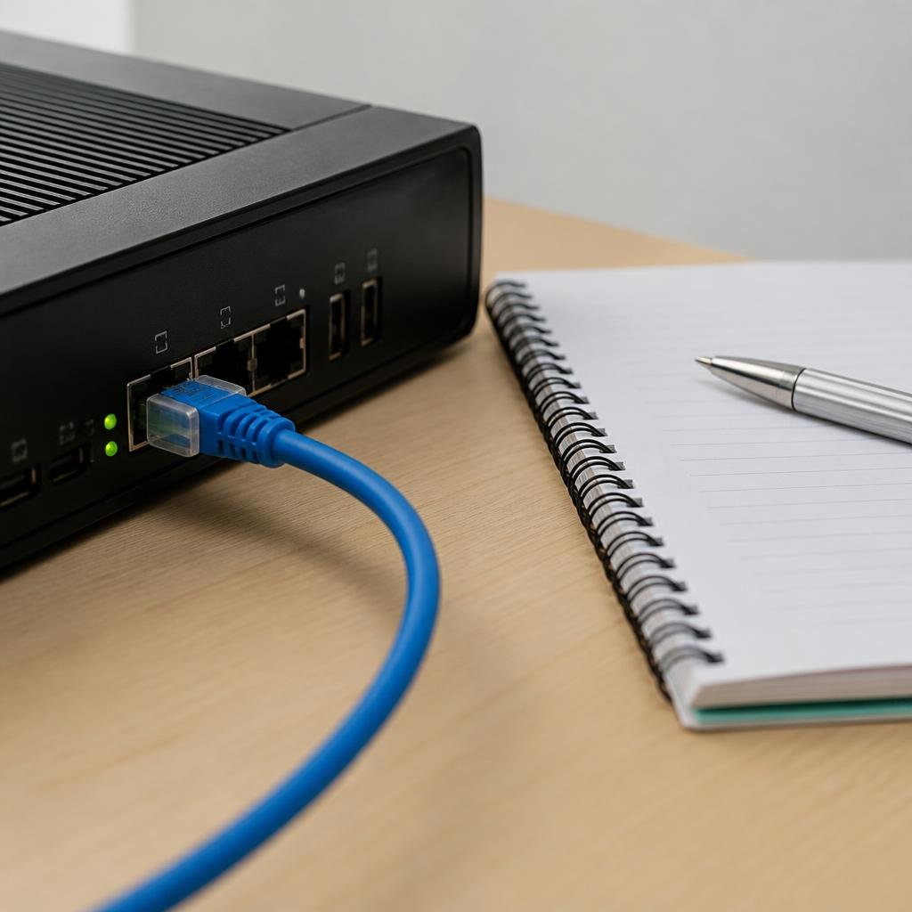 Close-up of a network cable plugged into a business-class firewall device, with a notebook and pen beside it.