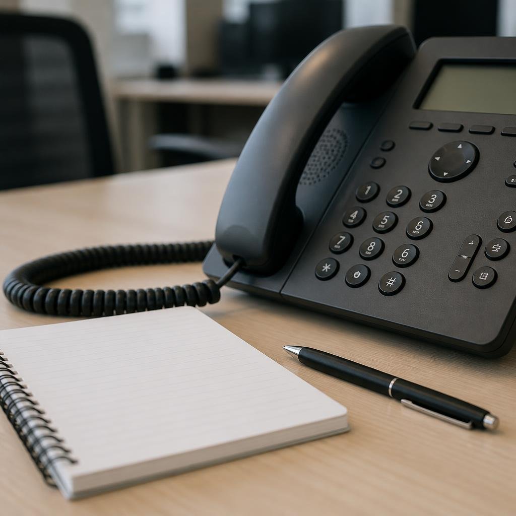 Close-up of a modern office phone, a notepad, and a pen on a desk, ready for customer service work.