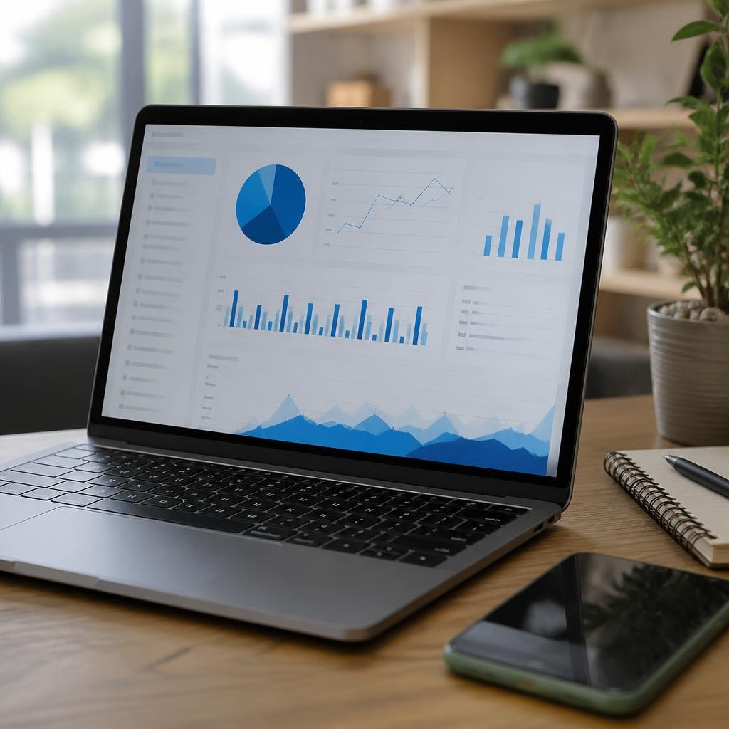 Close-up of a laptop displaying social media analytics, with a smartphone and notebook beside it.