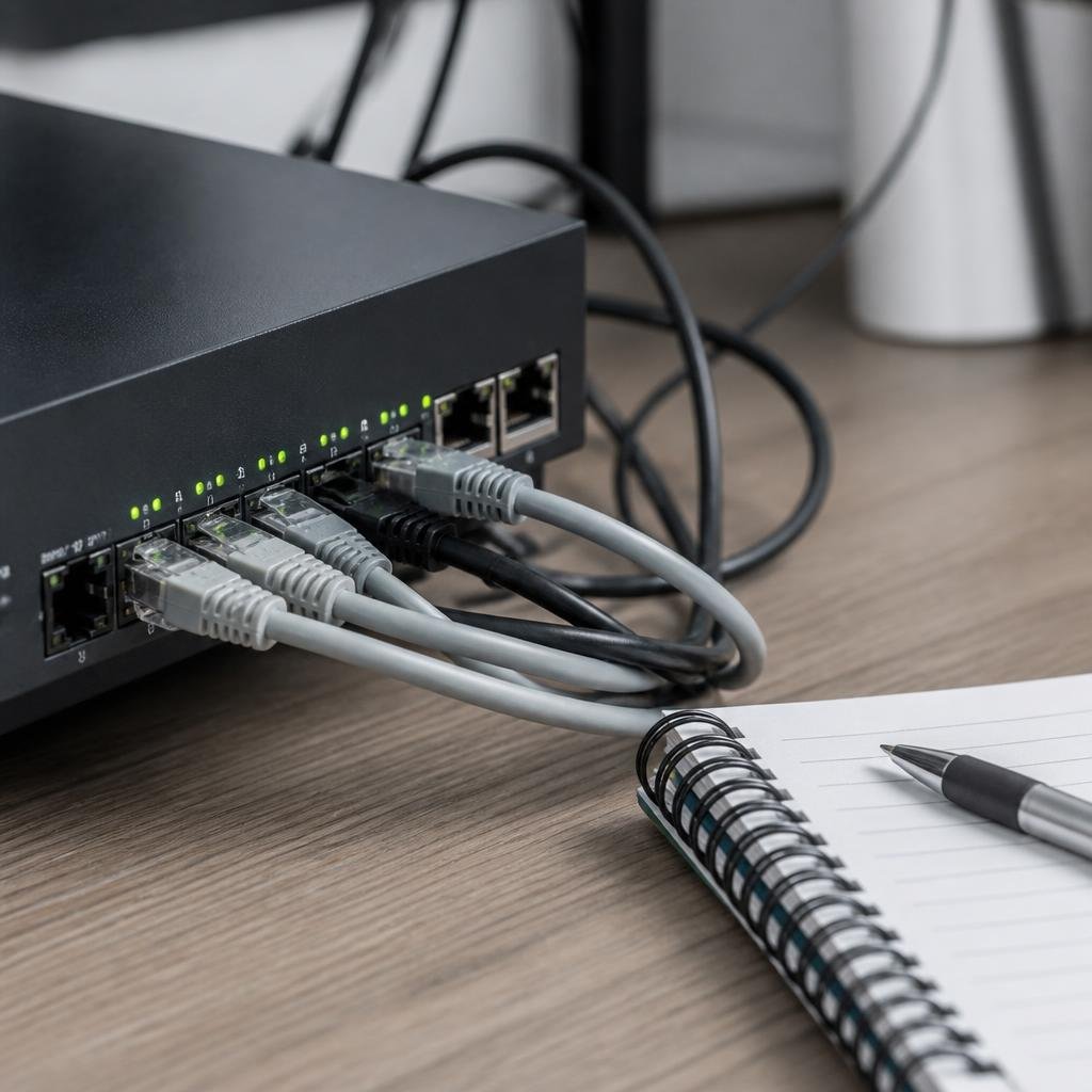 Close-up of a network switch and cables on a desk, with a notebook and pen nearby.