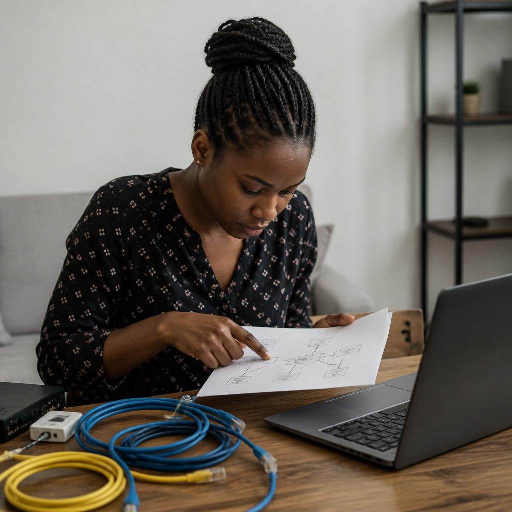 A young Black African woman studying networking diagrams on paper, with a laptop and network cables on the table.