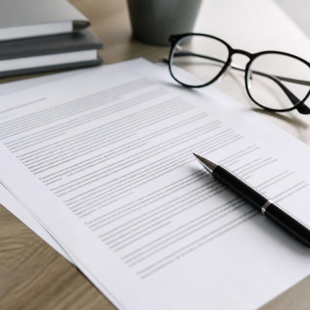 Close-up of a printed HR policy document, a pen, and a pair of glasses on a modern office desk.