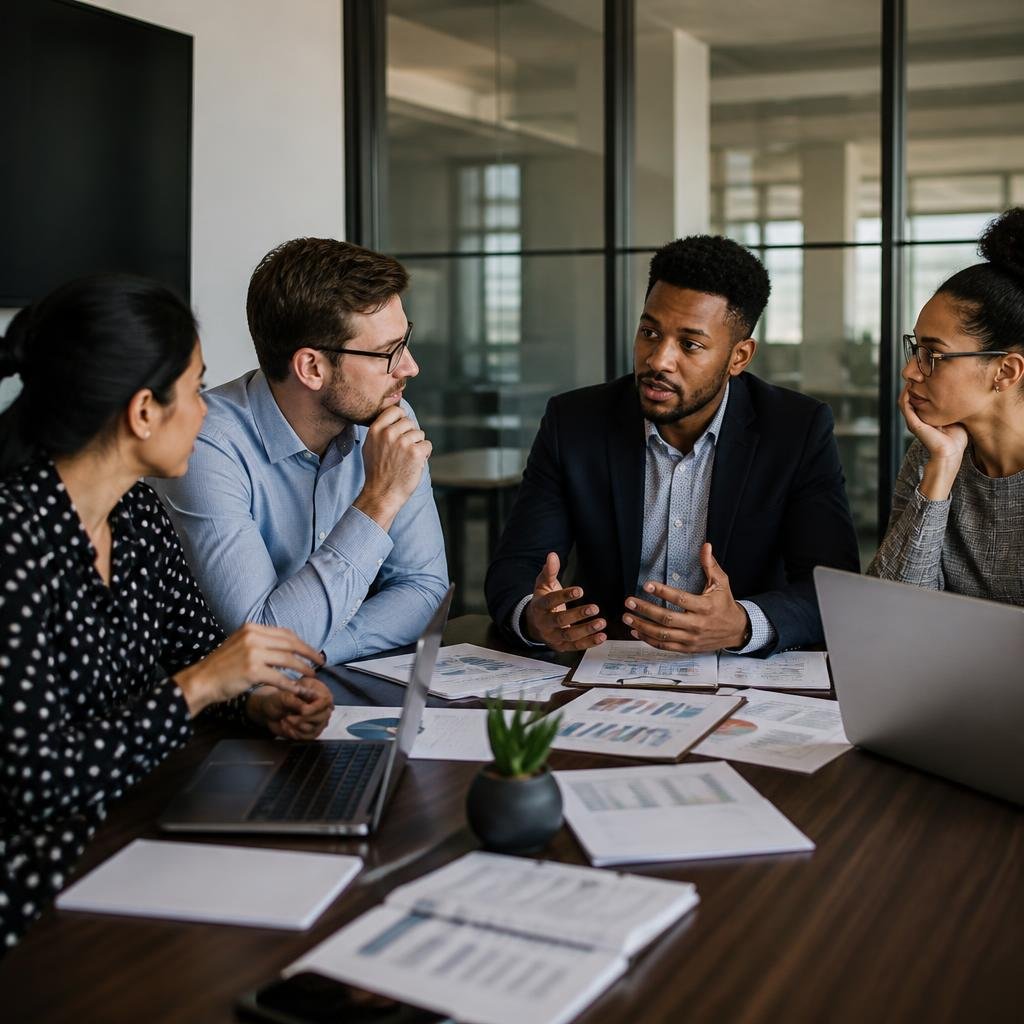 A diverse group of adults in business attire discussing employee performance around a table with laptops and HR documents.