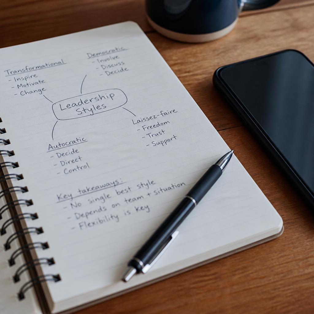 Close-up of a notebook with handwritten notes on leadership styles, a pen, and a smartphone on a wooden desk.
