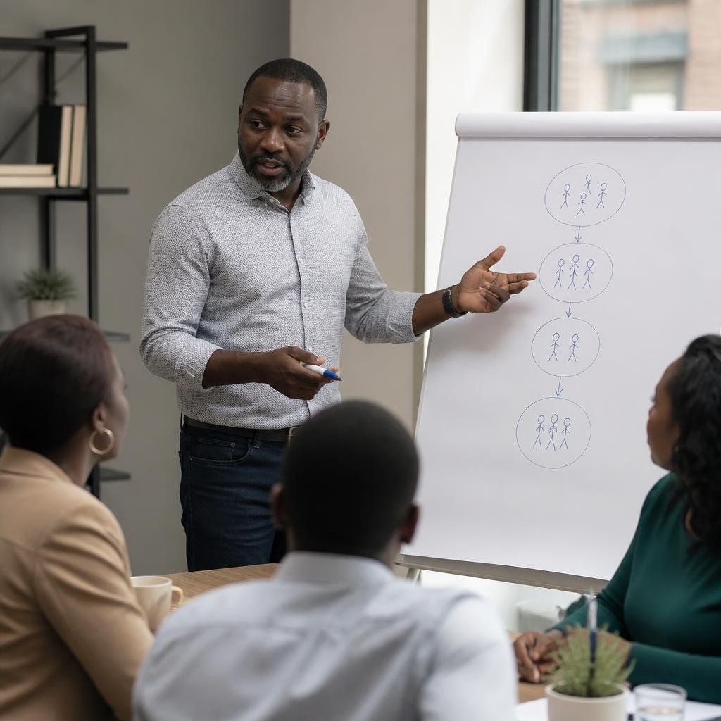An African man in his 40s leading a small team discussion, gesturing towards a flip chart with team development stages sketched out.