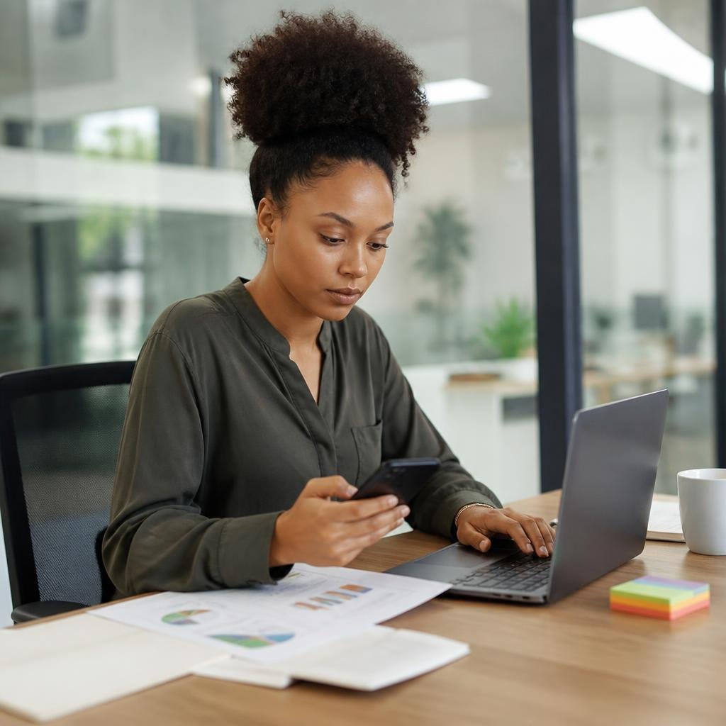A young Black woman in a modern office, using a laptop with marketing charts and a mobile phone displaying social media apps.