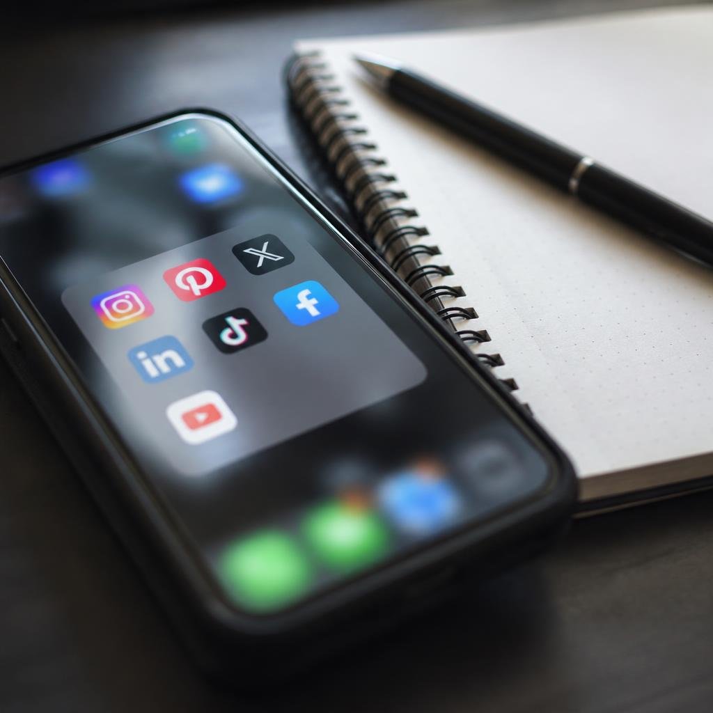 Close-up of a smartphone showing multiple social media app icons, with a notebook and pen beside it.