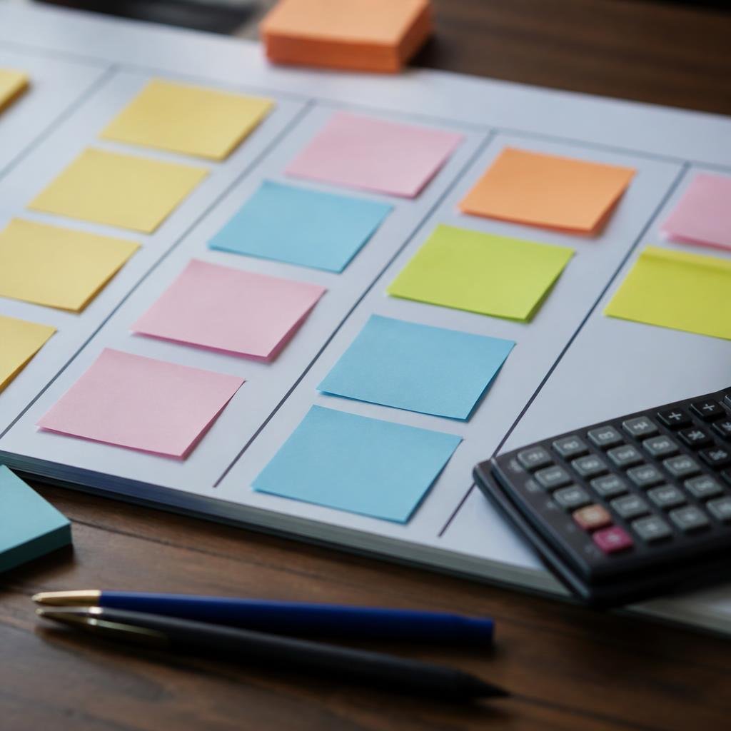 Close-up of a kanban board with sticky notes, pens, and a calculator on a desk.