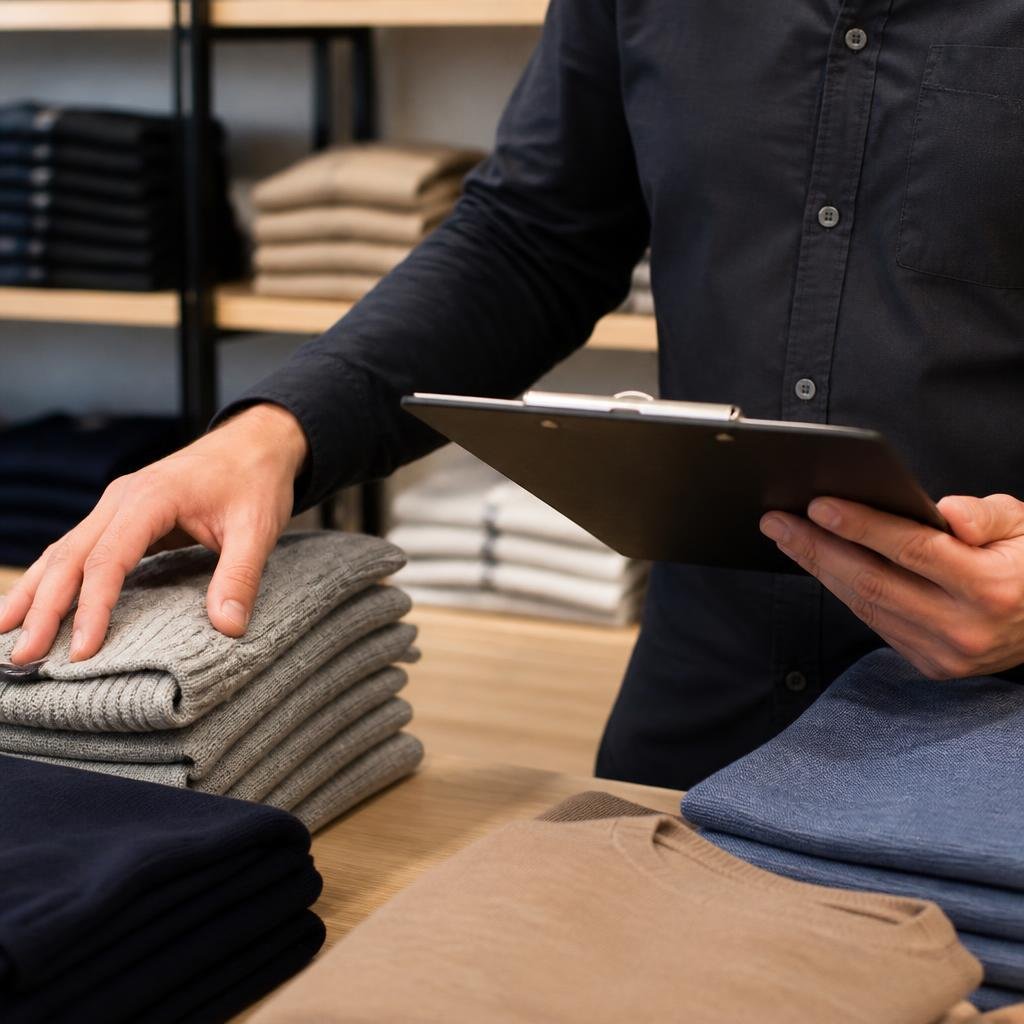 Close-up of a retail manager’s hands organising merchandise and checking a product list on a clipboard.