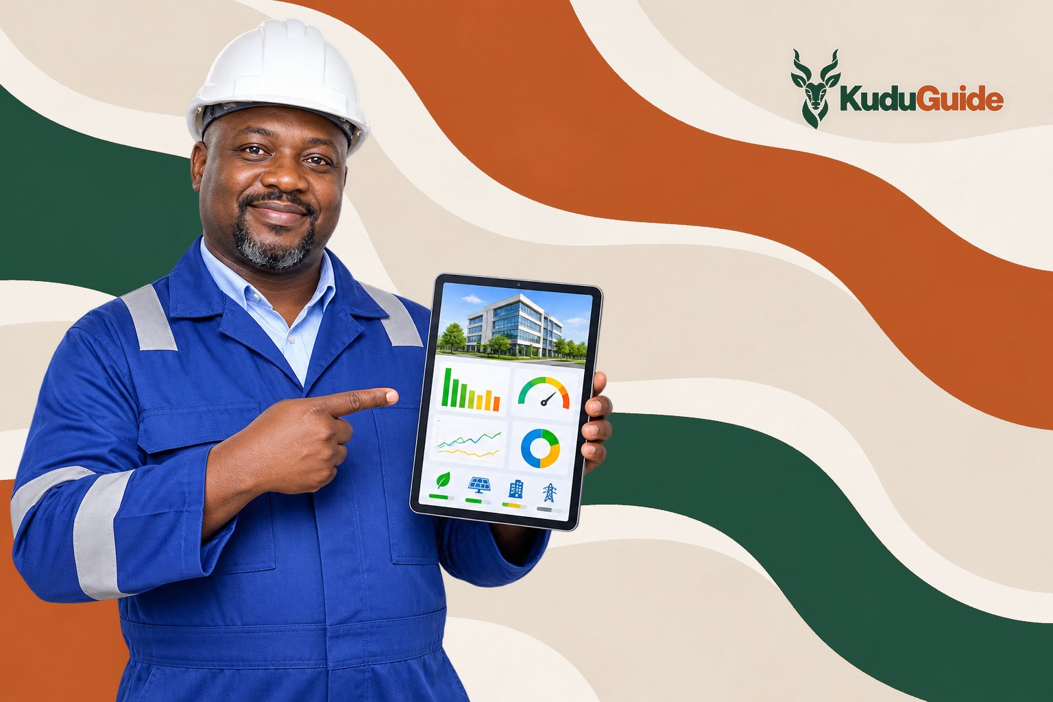 A man holding a digital tablet displaying a building energy dashboard - cover of the KuduGuide guide to Energy Management for Real Estate: Methods and Digital Tools