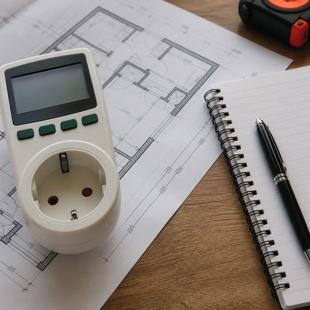 Close-up of a digital energy meter and a building floor plan on a desk, with a pen and notepad nearby.