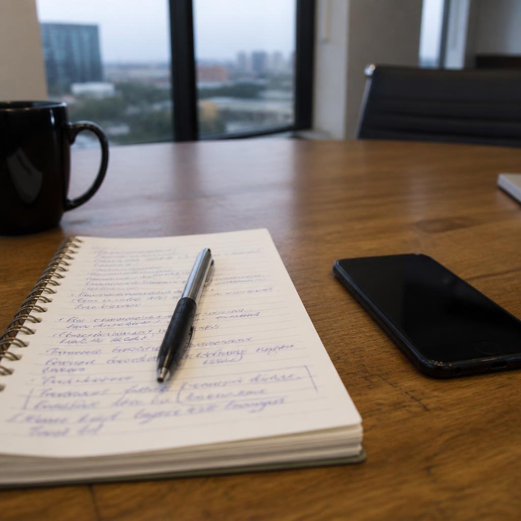 Close-up of a notepad with negotiation notes and a smartphone, on a desk in a Johannesburg office.