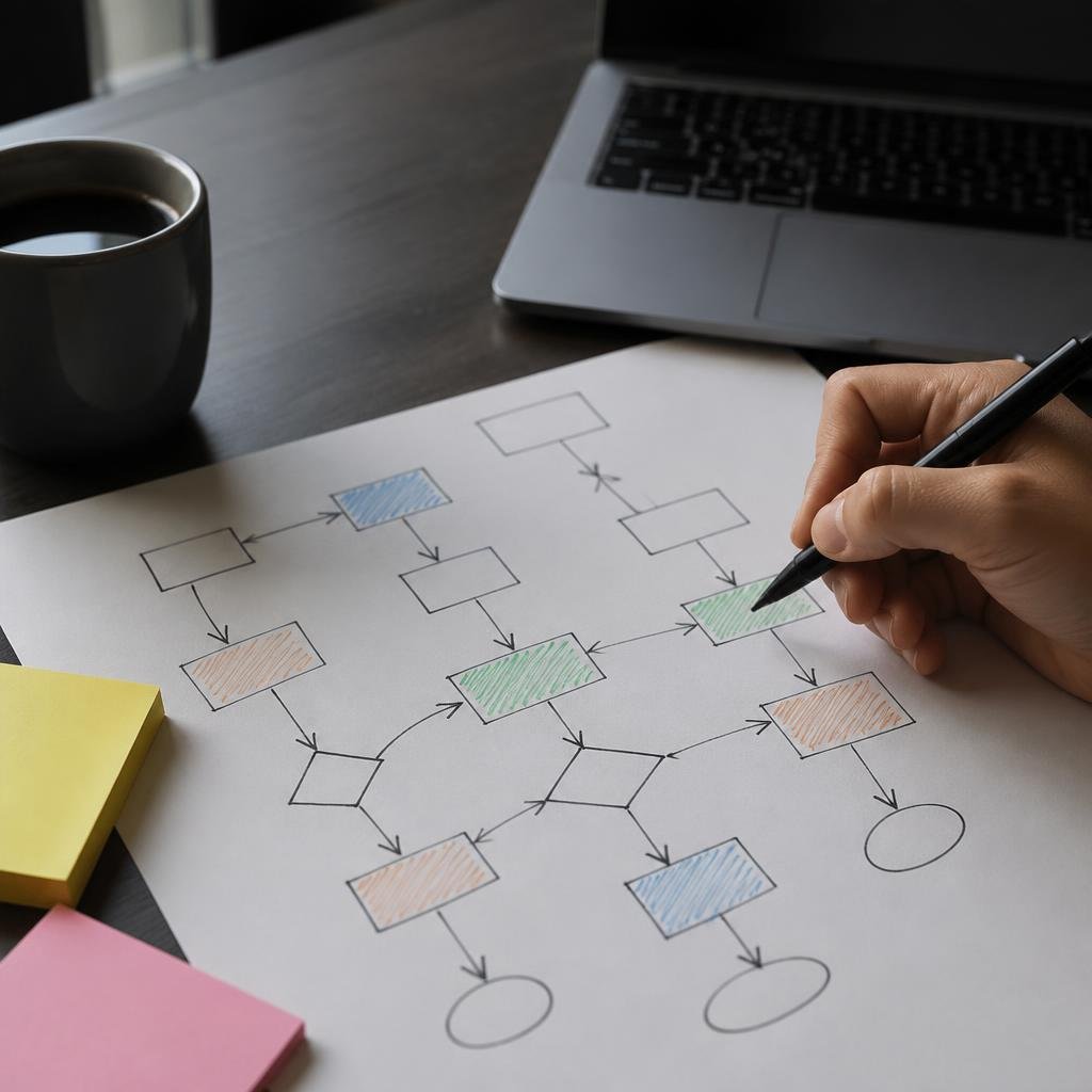 Close-up of a hand-drawn business process map on a desk, with a laptop and coffee cup nearby.