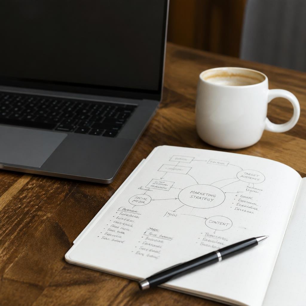 Close-up of a laptop on a wooden table with marketing strategy notes, a pen, and a cup of coffee beside it.