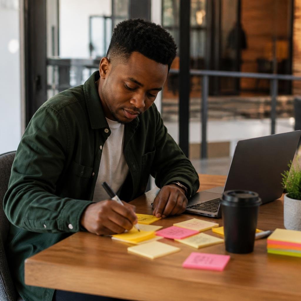 A young Black entrepreneur in Johannesburg jotting down marketing ideas on sticky notes, with a laptop open to a digital marketing dashboard.